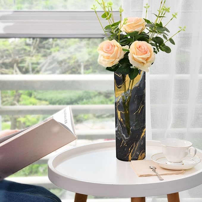 Flower Vase for Centerpieces, Marble Texture Black Gold Plastic Cylinder Vase, Clear Bud Vases for Home Wedding Office Table Decor