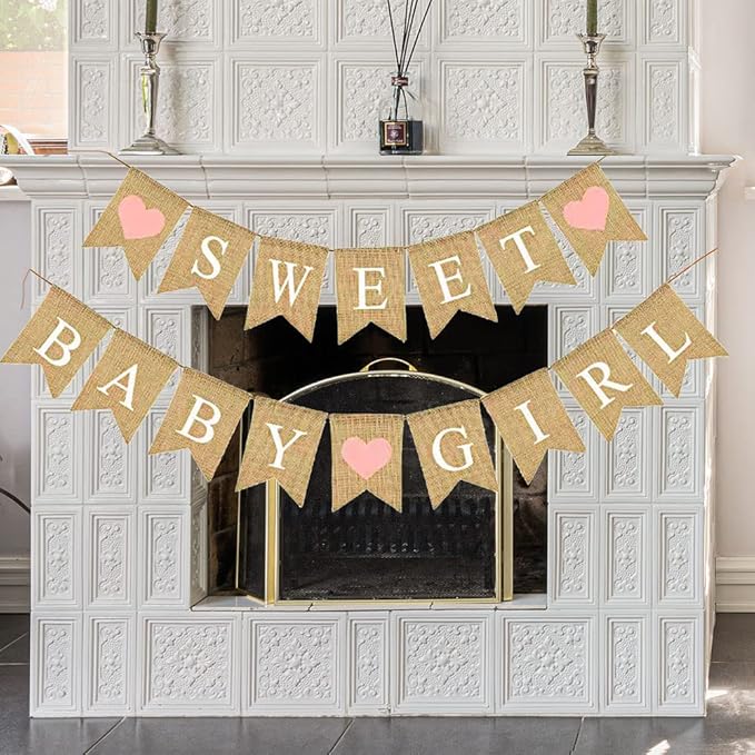 Baby Shower Banner Burlap Rustic Girl Baby Shower Decorations, Sweet Baby Girl Sign Garland for Girl Shower Decoration