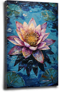 Gorgeous pink and purple water lilies on deep blue water Eye-catching oil painting Serene aquatic wall art for modern home decor 20x30in Wood Framed