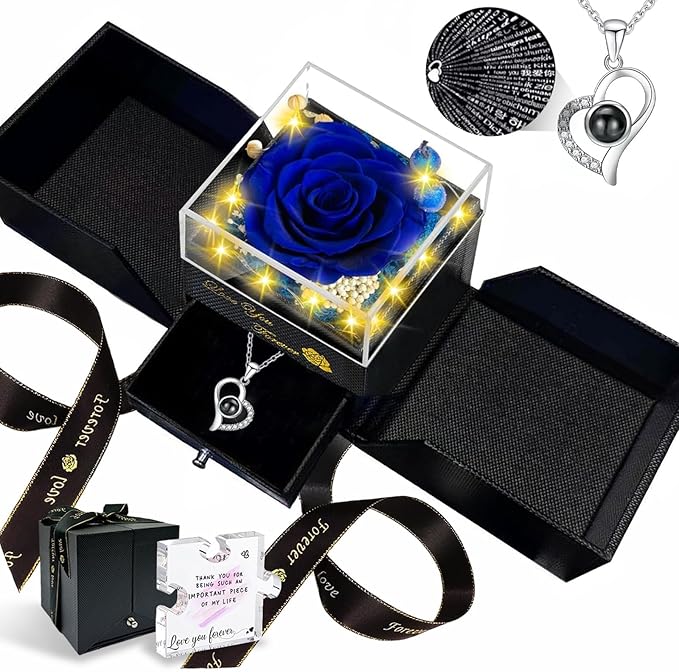 Preserved Real Rose-Eternal Flowers Blue Rose Gifts for Women Her Mom Wife Girlfriend on Valentines Mothers Day with I Love You Necklace 100 Languages Engraved Acrylic Block Puzzle Piece