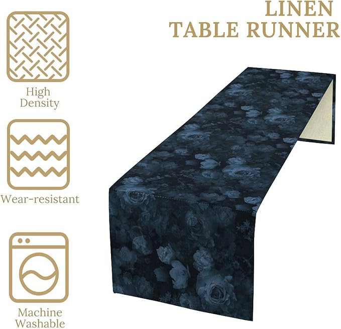 Gothic Flower Table Runner, Dark Navy Blue Flower Rose Vintage Garden Flowers Herbs Print Print Table Cover for Home Holiday Party Indoor Outdoor Decor, 13x36inch