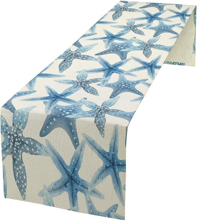 Starfish Plaid Table Flag Green Plaid and Marine Life Starfish Kitchen Table Flag Suitable for Birthday Party Restaurant Decoration Outdoor Picnic 13 * 90 Inch