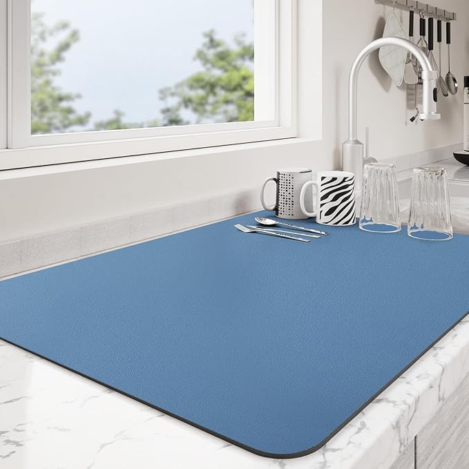 Dish Drying Mat for Kitchen Counter | Coffee Bar Mat for Countertops | Heat Resistant Drainer Mat with Non-slip Rubber Backed | Hide Stain Kitchen Absorbent Draining Mat | Blue 18"x24"