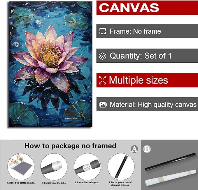 Gorgeous pink and purple water lilies on deep blue water Eye-catching oil painting Serene aquatic wall art for modern home decor 8x12in Frameless