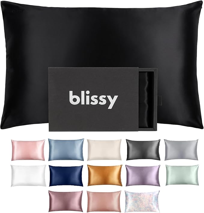 Blissy Silk Pillowcase - 100% Pure Mulberry Silk - 22 Momme 6A High-Grade Fibers - Silk Pillow Cover for Hair & Skin - Regular, Queen & King (Black, Standard)