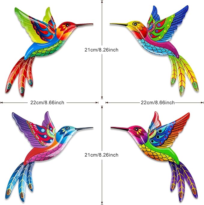 ULENDIS 4 Pack Metal Hummingbird Wall Art Outdoor Decor, 3D Colorful Outdoor Wall Art Fence Decorations for Patio and Yard, Wall Sculpture Hanging Decor for Garden Living Room Balcony