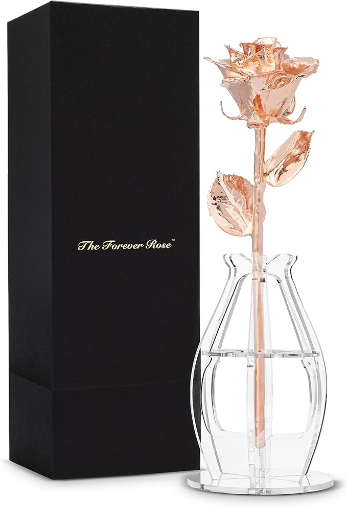 Forever Rose Real Rose Dipped in Rose Gold, Handcrafted Preserved Rose in Bloom Box and Phantom Vase, Romantic Gift for Her, Elegant Keepsake for Anniversary, Birthday, or Any Special Occasion
