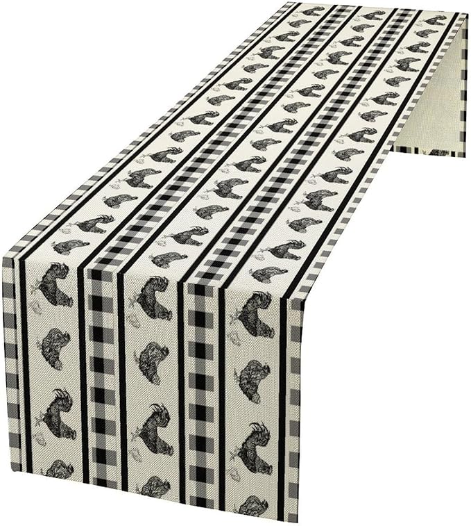 Rooster Table Runner,Farmhouse Animal Vintage Chicken Black White Plaid Check Tablecloth Burlap for Hotel Indoors Outdoor Dining Room Kitchen Home Decor,W13X L36 in