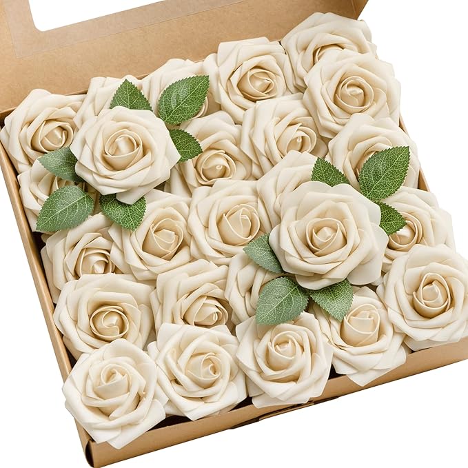 Ling's moment Artificial Flowers 25Pcs Tawny Beige Roses Decor w/Stems,3" Real Touch DIY Foam Floral for Wedding Bouquet/Centerpieces, Outdoors Party Backdrop, Room/Table, and Garden/Pot Decorations