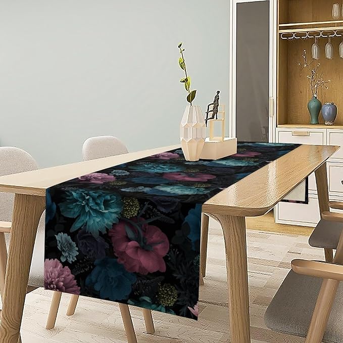 Blue Pink Flowers Table Runner, Boho Rose Flower Blossom Rustic Vintage Garden Peonies Spring Table Runner for Home Kitchen Dining Table Indoor Outdoor Party, 13x36inch