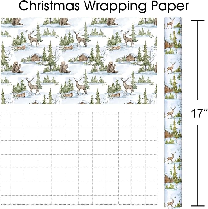 MAYPLUSS Christmas Wrapping Paper Roll - 17 In x 33 Feet - Cute Watercolor Christmas Tree Deer Bear Log Cabin Gift Wrap Paper for New Year, Holiday, Kids