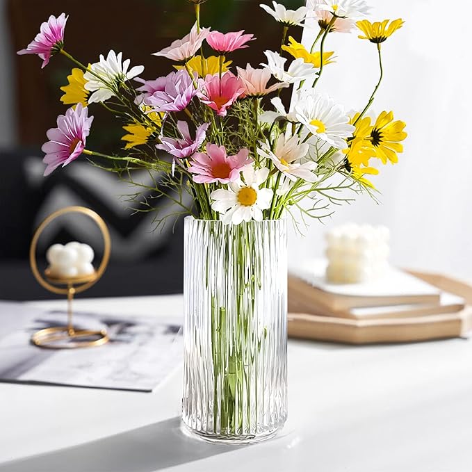 Muyan 9.8" Flower Vase for Decor Ribbed Glass Vase Modern for Centerpieces Desktop Home Office Dining Living Room Wedding (Clear)