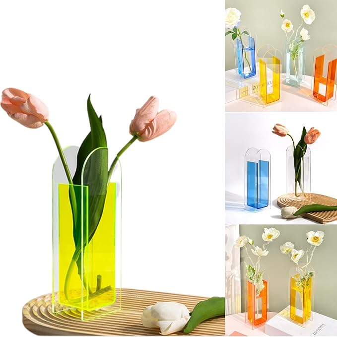 Acrylic Vase for Home Decor, Semi-Transparent Neon Green Arch Centerpiece Vase, Acrylic Flower Vase for Fresh or Dried Arrangements, Modern Minimalist Home Table Décor (Green)