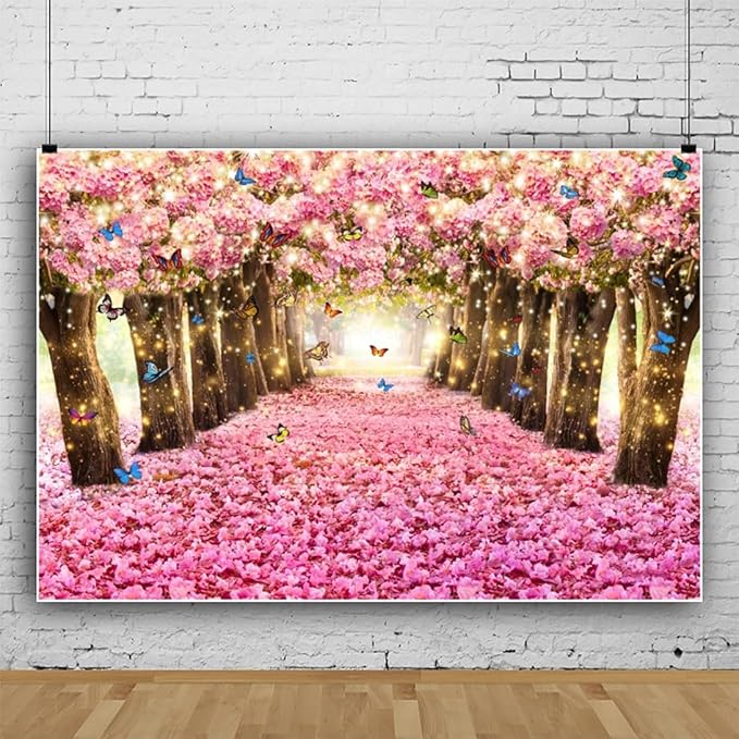 Renaiss 10x7ft Pink Cherry Blossom Backdrop Fairy Tale Romantic Pink Flowers Tree Butterfly Floral Petal Falling Boulevard Photography Background for Wedding Newborn Party Decor Photo Props