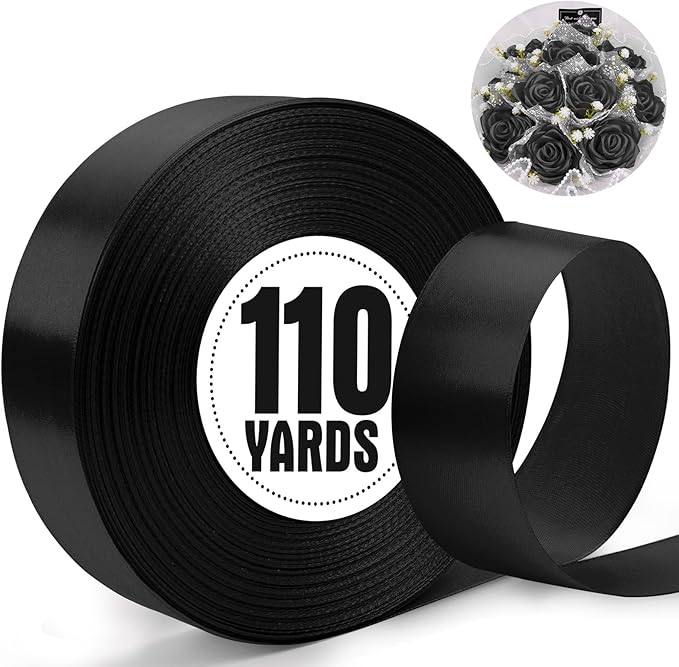 XSEINO 110 Yards Ribbon,1 1/2 Inch Black Satin Ribbon for Flower Bouquet, Gift Wrapping, Ribbons for Crafts, Hair Bows Making, Wedding Party Decoration, Sewing, Invitation Cards, Christmas