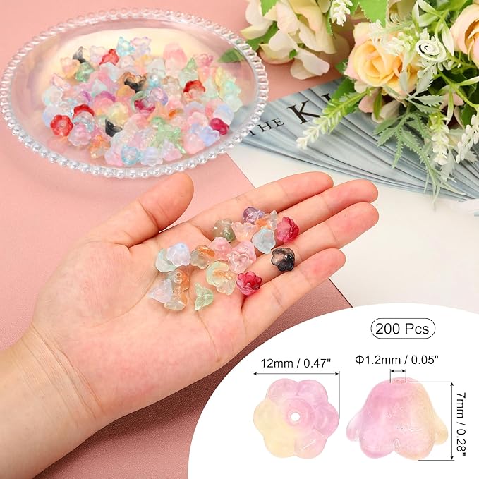 PATIKIL Glass Trumpet Flower Beads, 200 Pcs Gradient Flower Bead Charm for Jewelry Making DIY Craft, Bracelets, Earrings, Necklaces Decorations, Yellow, Purple