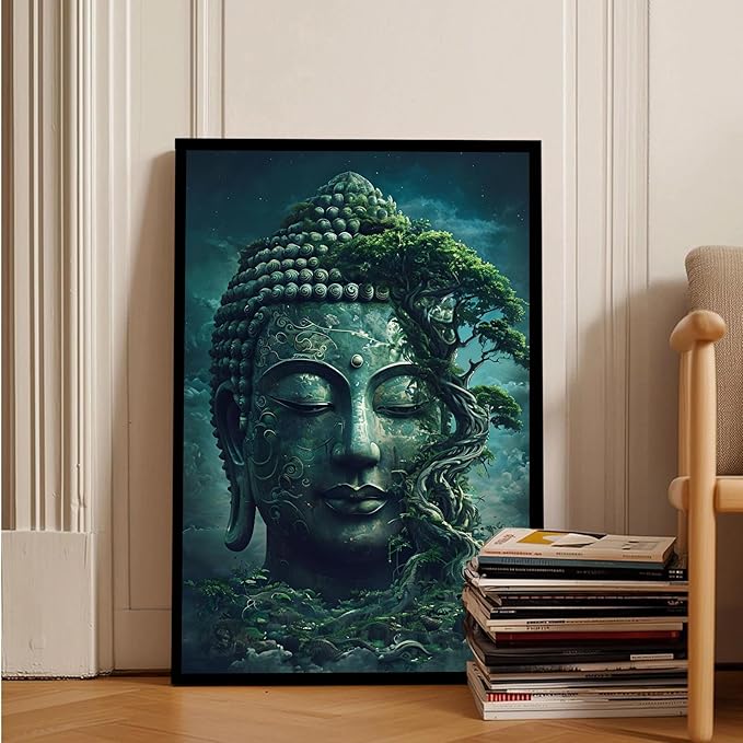 Buddha statue wall art canvas wall decor aesthetic picture mystical nature art for tranquil home and spiritual space 8x12in Metal blackFramed