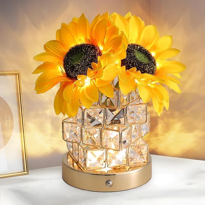 Birthday Gifts for Women,Sunflower Flower Touch Lamp,Rechargeable Cordless 3-Colour Dimming Small Night Light for Festival,Restaurant,Bedroom Housewarming Gifts for Mom