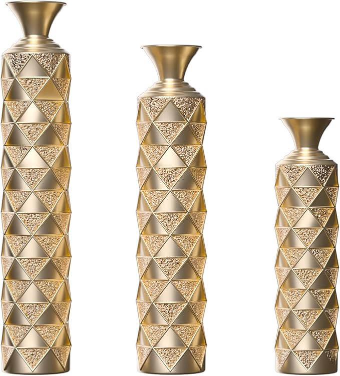 Metal Floor Vases Decorative, Set of 3 Flower Arrangement Stand, Metal Decorative Vase Tall Distressed Metallic Centerpiece Vases with 3D Triangle Pattern, 33.5", 29.5", 25.2" H (Antique Gold)