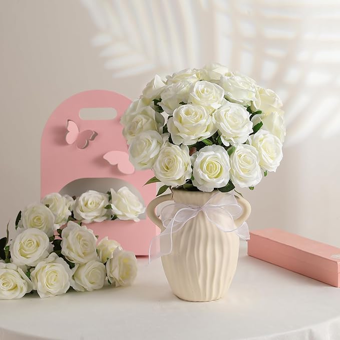 Kisflower 60 Pcs White Roses Artificial Flowers Bulk, Silk Roses with Stem Realistic White Artificial Roses for Decoration DIY Wedding Bouquet Bridal Shower Party Home Table Centerpieces Decor (White)
