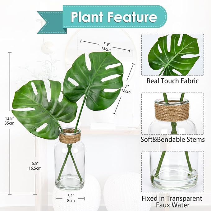 Artificial Plant in Glass Vase with Faux Water, Fake Monstera Plant Real Touch Faux Plants Tropical Leaves Fake Greenery Stems for Home Office Farmhouse Wedding Centerpiece Décor