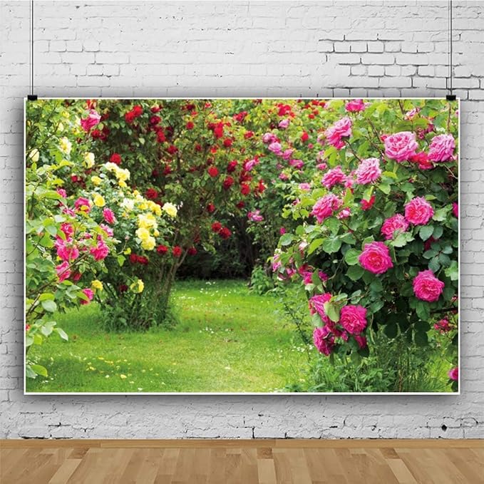 Renaiss 8x6ft Spring Garden Backdrop Red Pink Rose Flower Park Floral Green Leaf Grass Natural Landscape Photography Background for Wedding Bridal Shower Party Decor Photo Booth Props