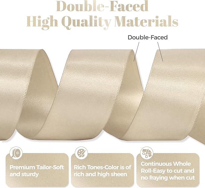 Beige Satin Ribbon, Double Faced 1-1/2 Inch X 25 Yards Beige Ribbon, Premium Satin Ribbon for Gift Wrapping, Crafts, Hair Bow Making, Sewing, Flower Bouquet, Wedding Party Decor
