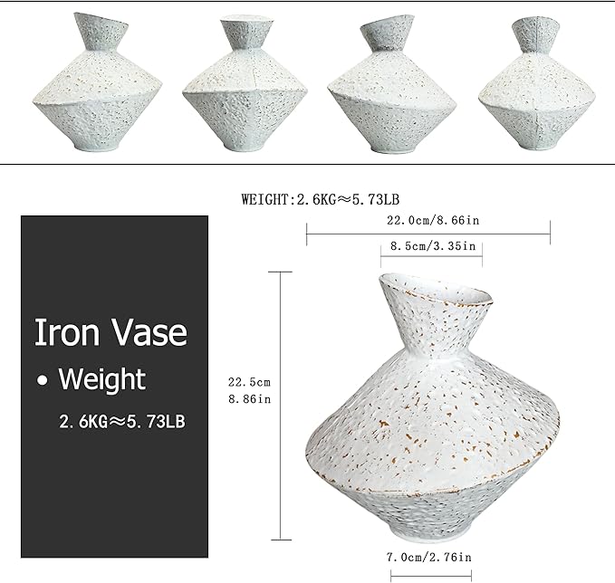 Cast Iron Decorative Vase, Dried Flower Rustic Vases, Wabi Sabi Vase for Modern Home Decor, Living Room, Shelf Decor, Enterway, Wedding, Office, Table, Bedroom, Kitchen, 8.86" H (White)
