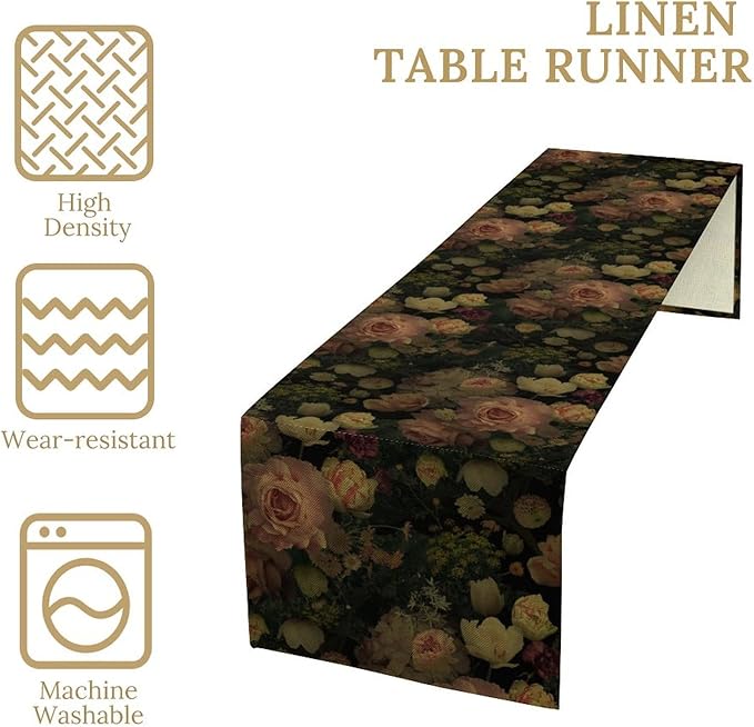 Vintage Floral Table Runner,Pink Flowers Rose Gothic Print Table Runner for Home Kitchen Table Dining Indoor Outdoor Party Decor 13x70 Inch