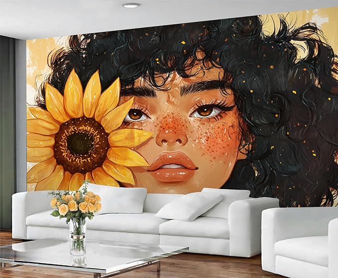 Sunflower Woman Art Wall Mural, Curly Hair Girl with Sunflower 3d Wall Murals, Modern Portrait and Flower Wallpaper Mural, for Living Room Bedroom Large Wallpaper Indoor Decor 118"W x 82.6 "H