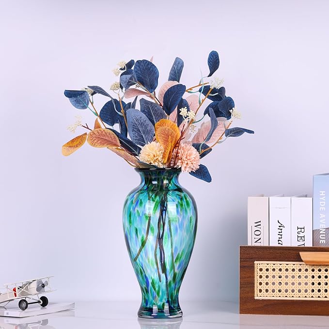 Hand Blown Glass Vase 11.8" Tall Beautiful Turquoise Sea Wide Mouth Bud Vase for Table Centerpiece, Painted Colorful Murano Glass Flower Vases for - Home Entrance Wedding Center