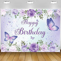 8x6Ft Purple Butterfly Birthday Banner Backdrop for Women Girl Purple Happy Birthday Backdrop Banner (96x72 Inch) Rose Flowers Butterfly Decortions Background for GILR 's Party