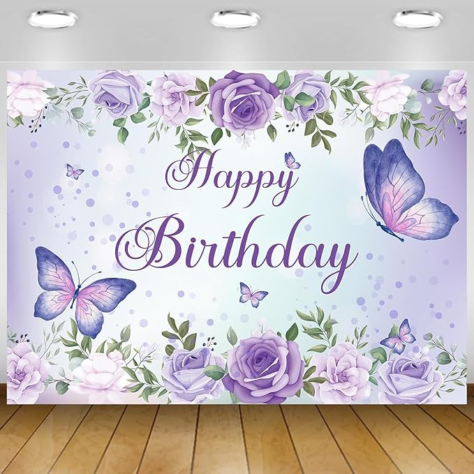 8x6Ft Purple Butterfly Birthday Banner Backdrop for Women Girl Purple Happy Birthday Backdrop Banner (96x72 Inch) Rose Flowers Butterfly Decortions Background for GILR 's Party