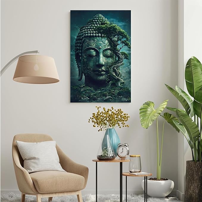 Buddha statue wall art canvas wall decor aesthetic picture mystical nature art for tranquil home and spiritual space 20x30in Wood Framed