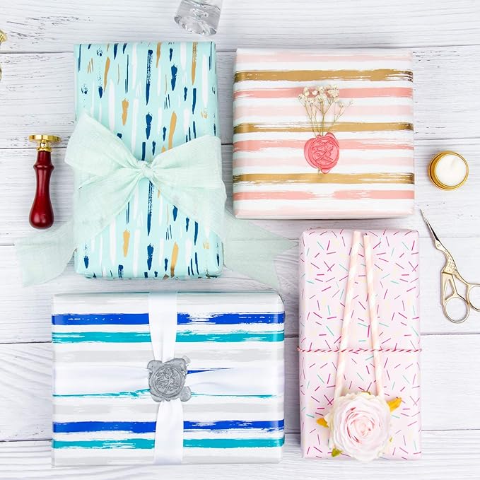 WRAPAHOLIC 30 Inch Blue Wrapping Paper Roll - Jumbo Blue Navy and Grey Lines Print for Birthday, Holiday, Wedding, Baby Shower Wrap - 30 inch x 33 feet