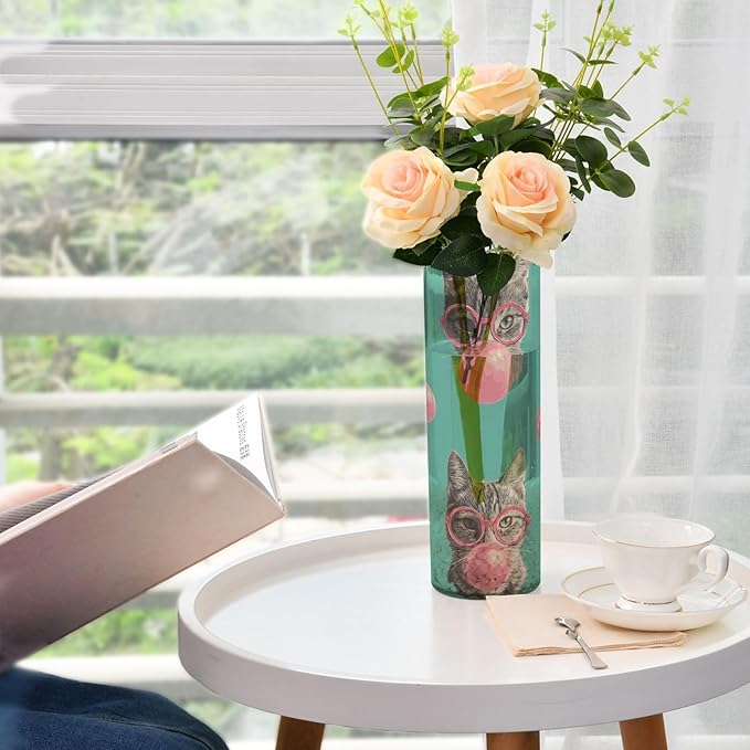 Flower Vase Clear Plastic Cylinder Vases Decor for Centerpieces Home Storage Office Weddings Pink Glasses Cats Dogs and Bubbles 11.8 x 3.9 in