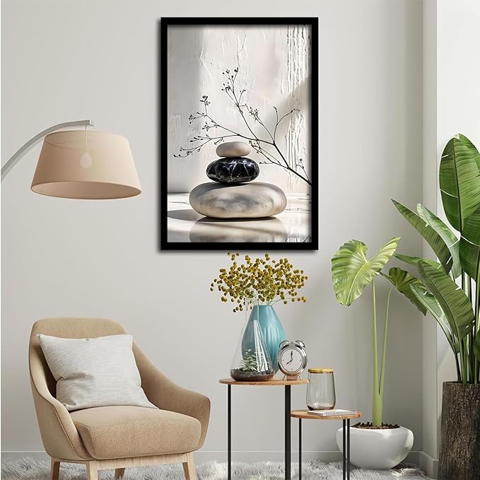 Gray and black stone pile and dried flowers poster canvas wall art in harmony Minimalist wall art for tranquil homes and mindful spaces 12x18in Metal blackFramed
