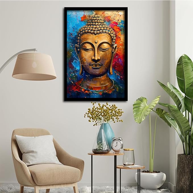 Golden Serenity Buddha Vintage Painting Wall Art Spirituality and Modern Art Wall Decor Adds Brilliance to Vibrant Home Decor 16x24in Metal blackFramed