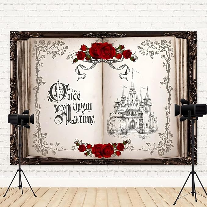 5x4ft Once Upon a Time Backdrop Princess Castle Wedding Party Photography Background Fairytale Book Romantic Story Red Roses Bridal Shower Decorations Birthday Portrait Photo Booth Prop