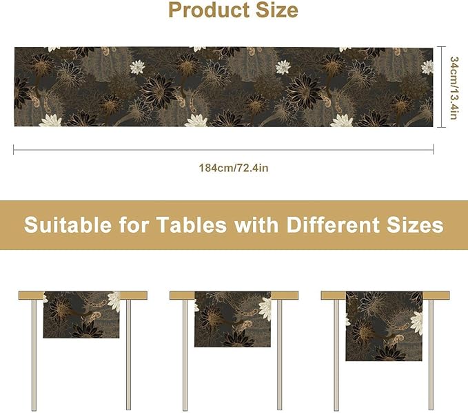 Vintage Floral Table Runner,Black Gold Floral Art Print Table Runner for Home Kitchen Table Dining Indoor Outdoor Party Decor 13x108 Inch