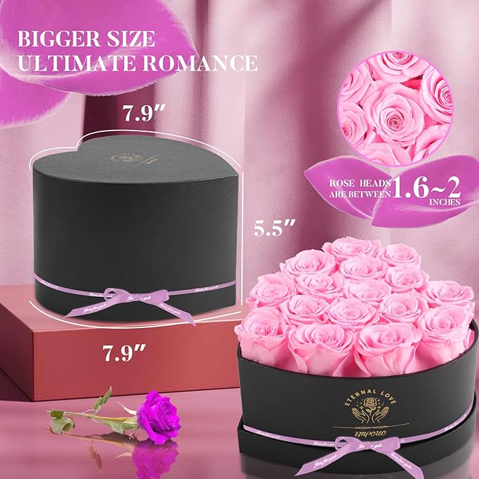 16-Piece Forever Flowers Heart Shape Box - Preserved Roses, Birthday Gifts For Women- Flower Delivery Prime, Valentines, Anniversary, Wedding Gifts- Pink Roses