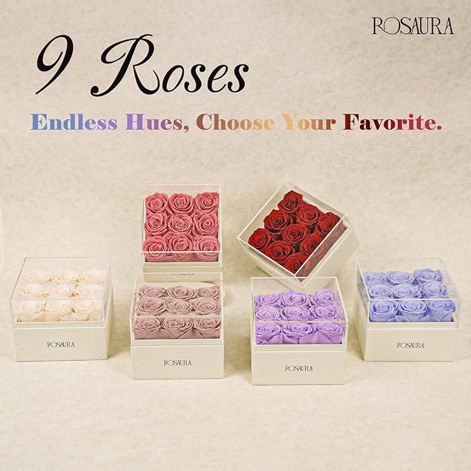 Rosaura Square Preserved Roses Gift Box - Real Forever Flowers in Clear Acrylic Lid, Valentine's for Women (Light Purple, 9 Roses)