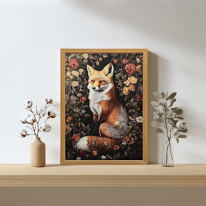 LLEEMPI William Morris Wall Art, Vintage Botanical Floral Wall Decor, Fox Flower Canvas Painting, Abstract Nature Botanical Aesthetic Picture for Living Room Bedroom Hallway Wood Framed 12x16 inch