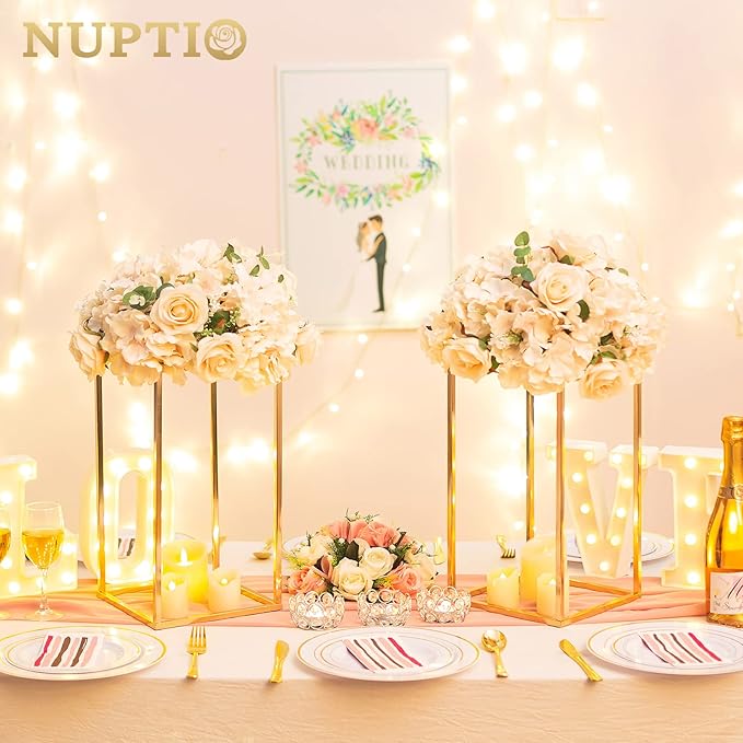 NUPTIO Gold Vases for Centerpieces Wedding - 2 Pcs 15.7 inch Tall Gold Vase Wedding Centerpieces for Tables - Geometric Gold Centerpieces for Table Flower Stand for Table Centerpieces for Weddings