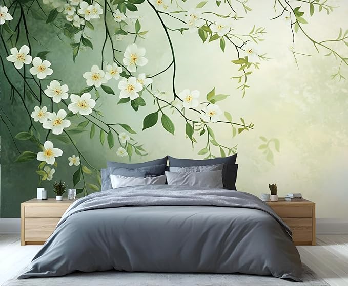 Spring Blossom Floral Wall Mural, Minimalist White Floral 3D Wall Murals, Elegant Botanical Wallpaper Mural, for Living Room Bedroom Large Wallpaper Indoor Decor 157.5" W x110.3 H