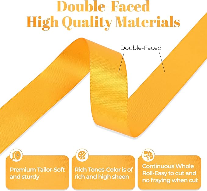 Yellow Gold Satin Ribbon, Double Faced 7/8 Inch X 50 Yards Yellow Gold Ribbon, Premium Satin Ribbon for Gift Wrapping, Crafts, Hair Bow Making, Sewing, Flower Bouquet, Wedding Party Decor