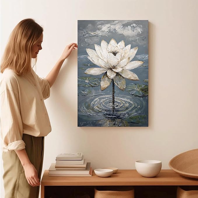 Stunning white lotus emerges from prismatic water with delicate petals background Serene aquatic wall art suitable for modern minimalist decor 12x18in Frameless