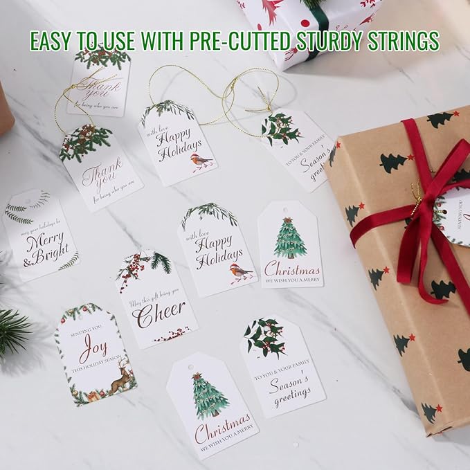 AuroTrends Christmas Gift Tags with String 48Pcs, Name Tags for Christmas Presents -Quality Christmas Tags with Holes& Pre-Cut Strings (8 Styles, 48 Pcs)