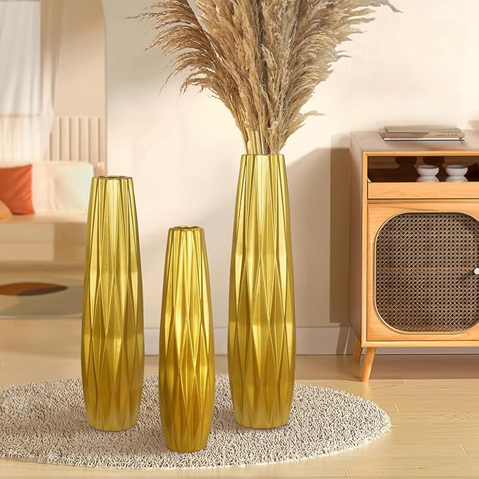 Gold Ceramic Tall Floor Vase,17.7 Inch Large Modern Flower Vases for Home Décor,Wicker Big Floor Vases Decorations for Farmhouse, Living Room,Bedroom,Standing Plastic Vase Decorative Tall