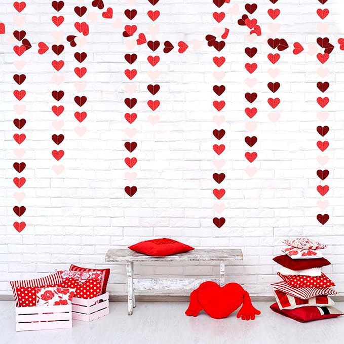 Party Decorations Pink-Red Heart-Garland - 52ft Burgundy Proposal Special Night Galentines Hanging Streamers Banner,Girl Romantic Wedding Anniversary Baby Bridal Shower Engagement Decor